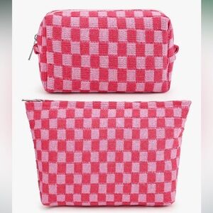 Pink Checkered knit woven travel cosmetic pouch bag Accessory Set of 2